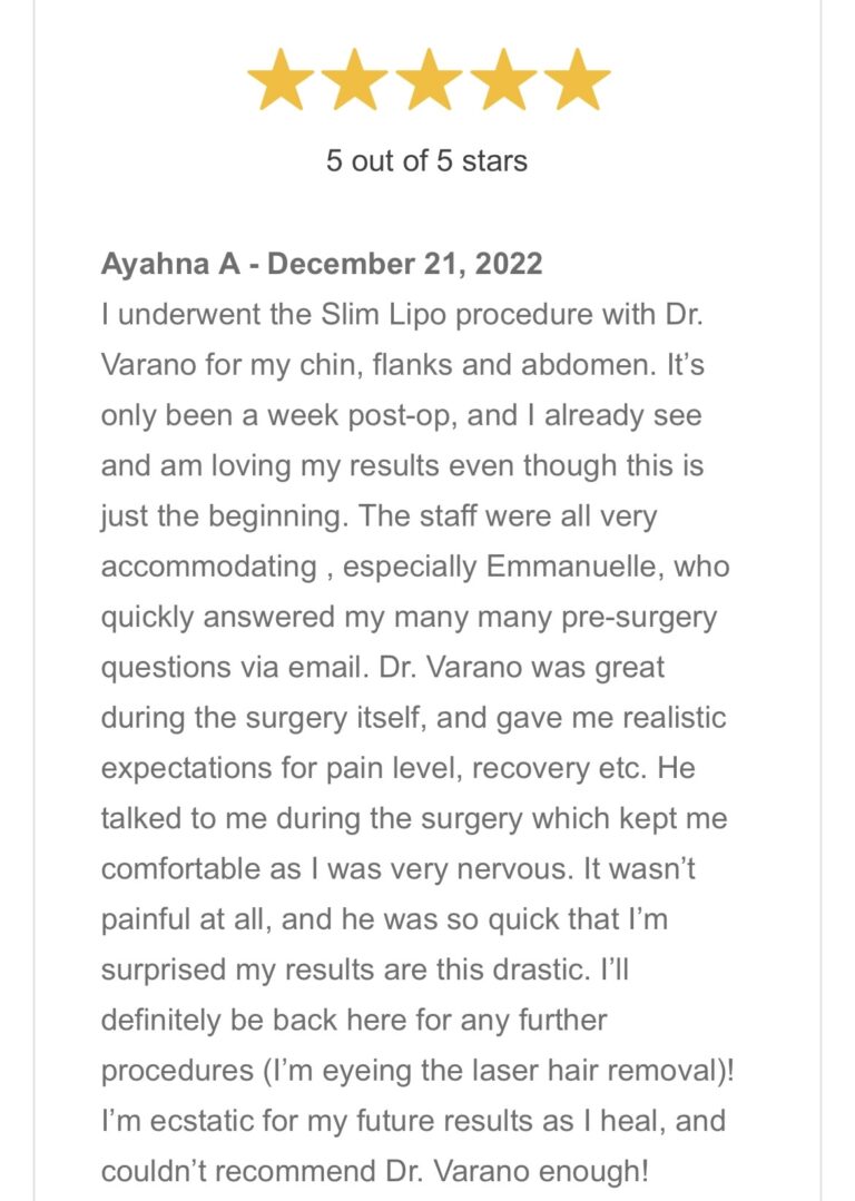 Testimonial, 5 star review, Medical cosmetic liposuction, Washington DC