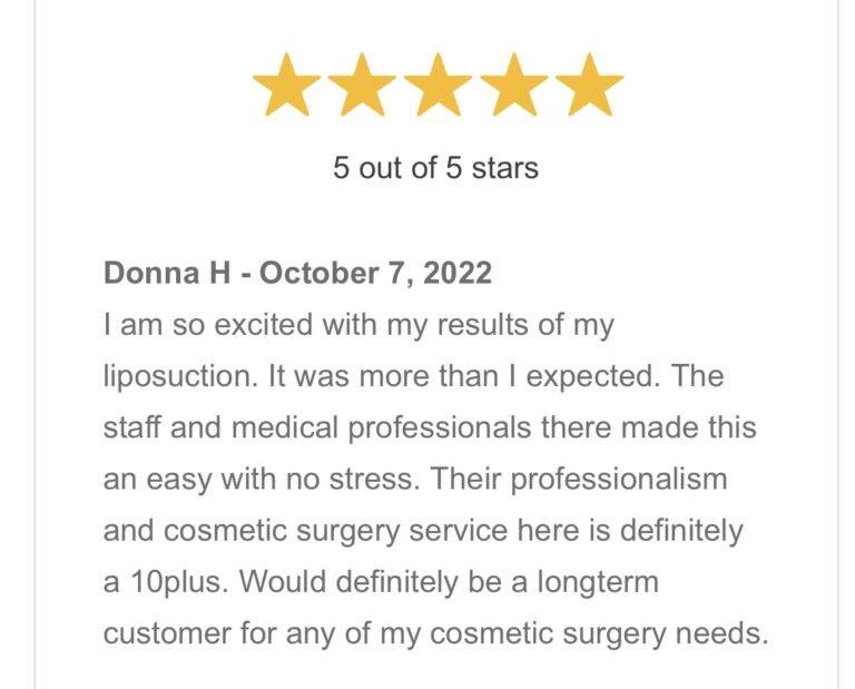 Testimonial, 5 star review, Medical cosmetic liposuction, Washington DC